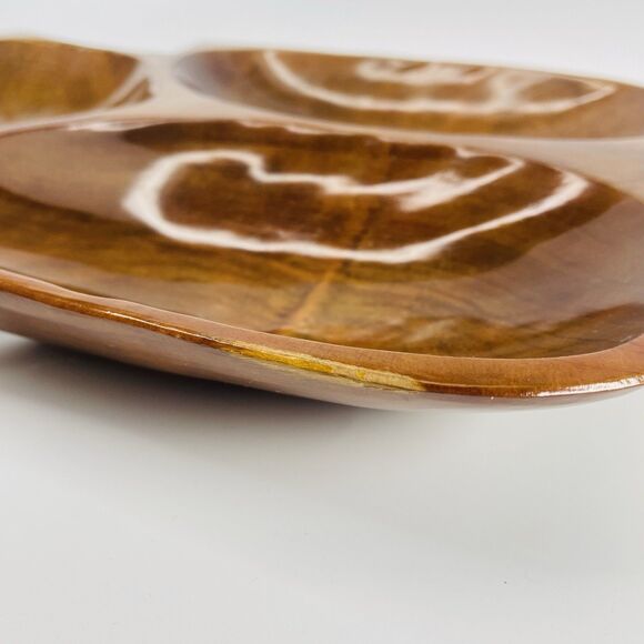 LARGE WOODEN VTG LEAF SHAPE Serving Candy Bowl Tray 3 Sections 18" X 10" MCM - Picture 12 of 14